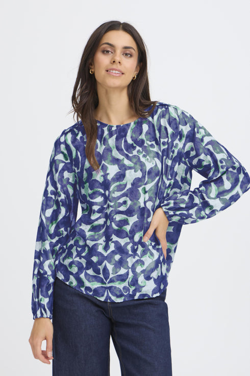 Fransa FRARIANA Abstract Floral Blouse – Boho Bloom Navy & Green – 20617394