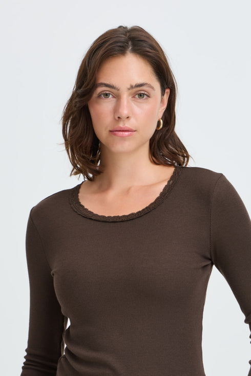 Fransa Womens Hizamond Lettuce Trim Long Sleeve Tee 20617415HOTF - Hot Fudge / Brown