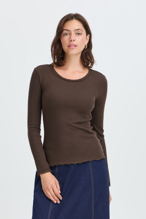 Fransa Womens Hizamond Lettuce Trim Long Sleeve Tee 20617415HOTF - Hot Fudge / Brown