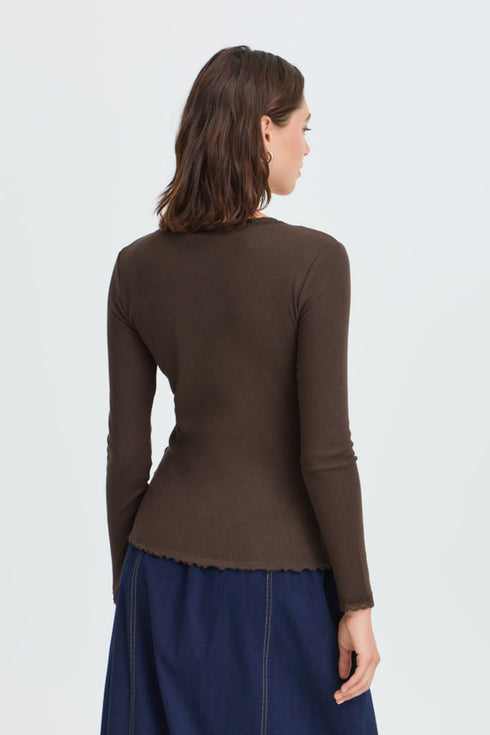 Fransa Womens Hizamond Lettuce Trim Long Sleeve Tee 20617415HOTF - Hot Fudge / Brown