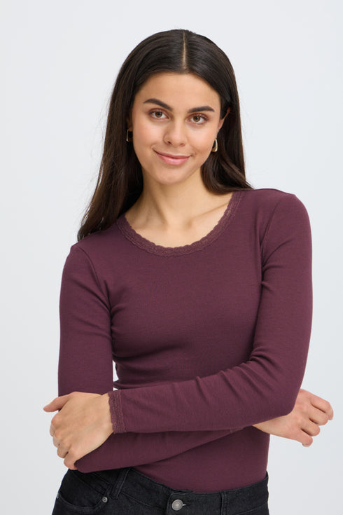 Fransa Womens Hizamond Lettuce Trim Long Sleeve Tee 20617415PORT - Port Royale / Red