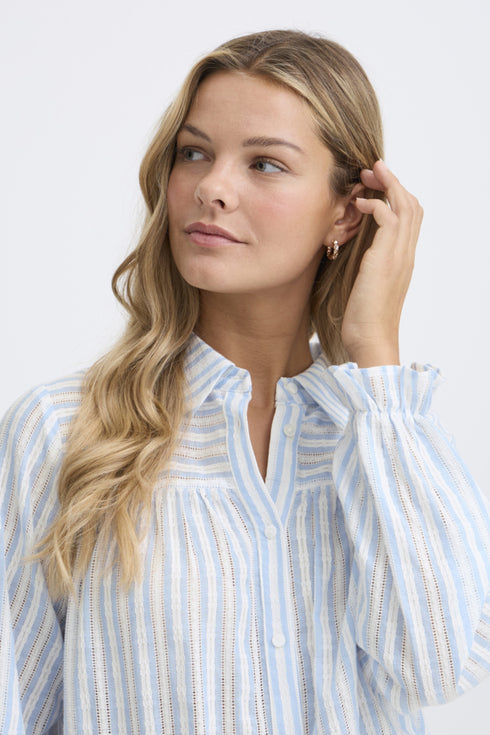 Fransa FREVERLY Ruffle Cuff Cotton Striped Shirt – Blue Stripe – 20617441