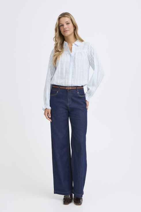 Fransa FREVERLY Ruffle Cuff Cotton Striped Shirt – Blue Stripe – 20617441