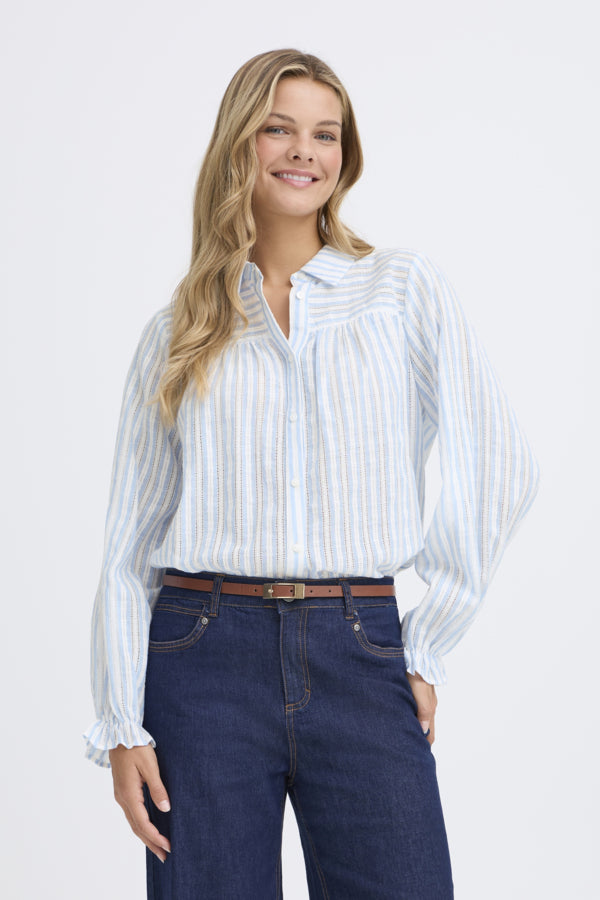 Fransa FREVERLY Ruffle Cuff Cotton Striped Shirt – Blue Stripe – 20617441