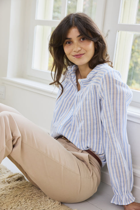 Fransa FREVERLY Ruffle Cuff Cotton Striped Shirt – Blue Stripe – 20617441