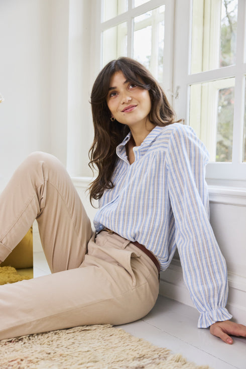 Fransa FREVERLY Ruffle Cuff Cotton Striped Shirt – Blue Stripe – 20617441