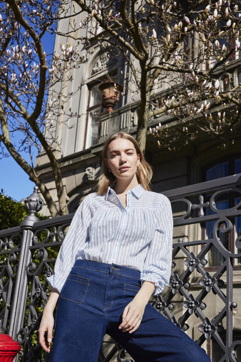 Fransa FREVERLY Ruffle Cuff Cotton Striped Shirt – Blue Stripe – 20617441