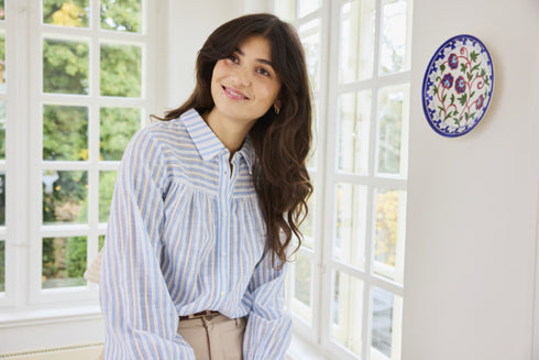 Fransa FREVERLY Ruffle Cuff Cotton Striped Shirt – Blue Stripe – 20617441