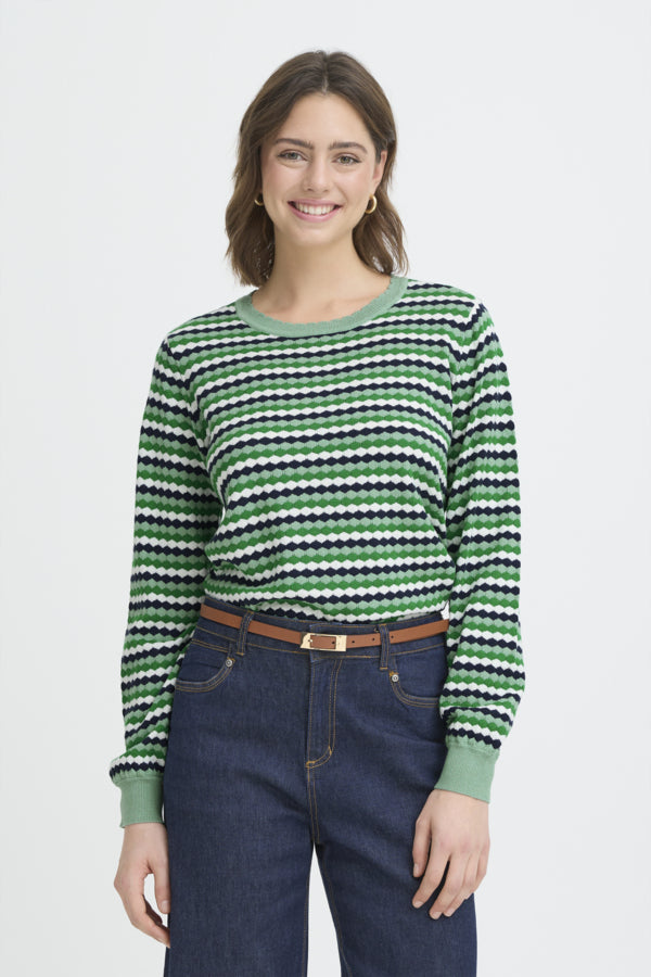Fransa FRCAIA Geometric Knit Pullover – Bosphorus Green & Navy Stripe – 20617448