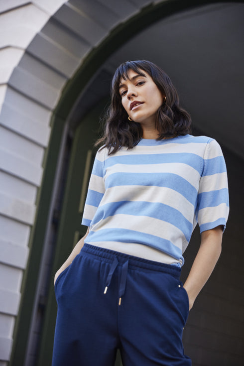 Fransa FRMARY Soft-Touch Mid-Sleeve Knit Top – Della Robbia Blue Stripe – 20617452