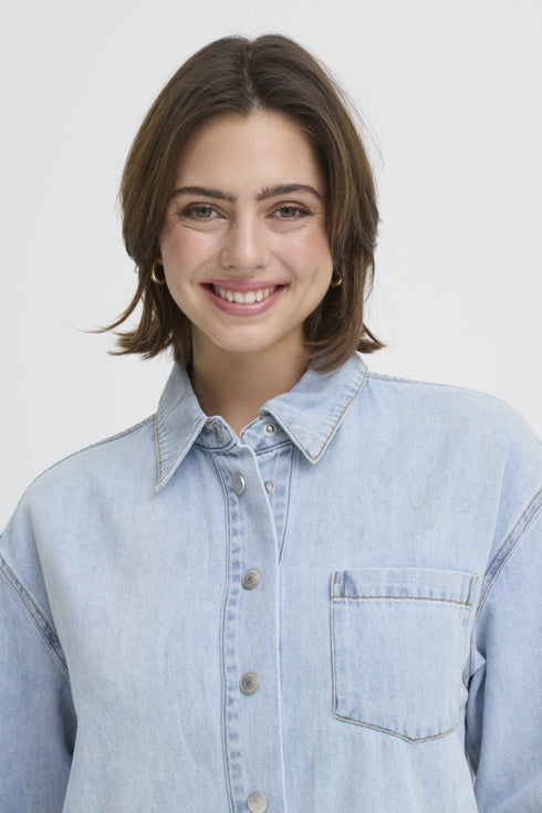 Fransa Womens Light Blue Denim FRLISE Long Sleeve Shirt Dress 20617662