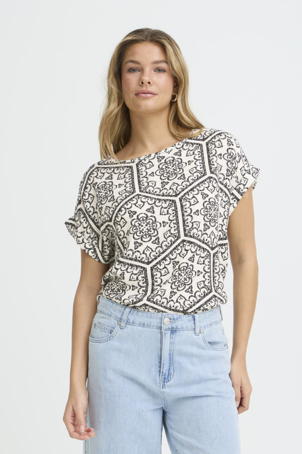Fransa Womens Black Boho Art White FROLINE Boxy Fit Viscose Blouse 20617709