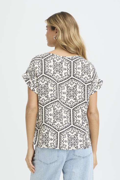 Fransa Womens Black Boho Art White FROLINE Boxy Fit Viscose Blouse 20617709