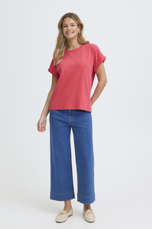 Fransa Womens Honeysuckle Red FRFEBA V-Neck Stretch Cotton T-Shirt 20617875