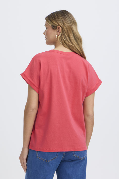 Fransa Womens Honeysuckle Red FRFEBA V-Neck Stretch Cotton T-Shirt 20617875