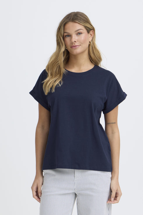 Fransa Womens Navy FRFEBA V-Neck Stretch Cotton T-Shirt 20617875