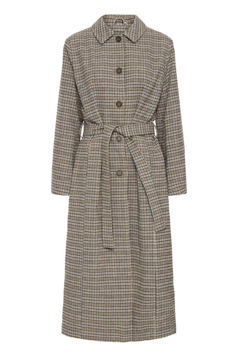 Fransa FQANTONETTE Belted Checked Midi Coat 20617971 - Tobacco Brown / Ice Water Check