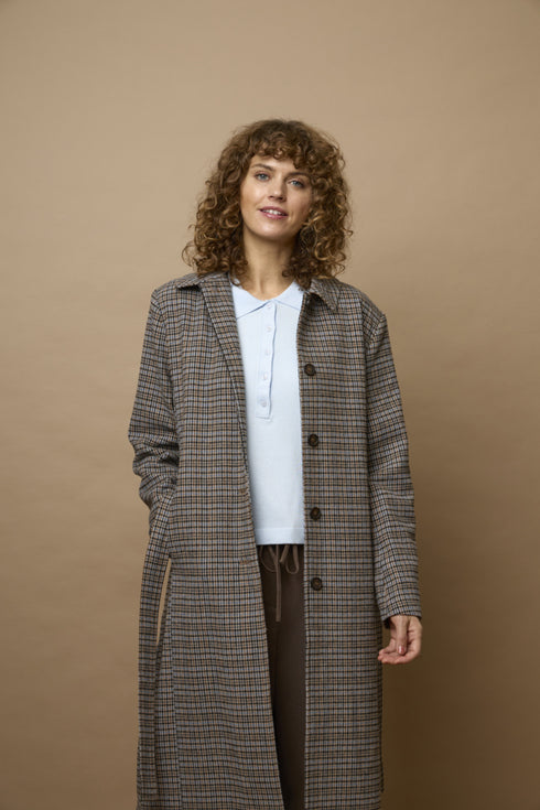 Fransa FQANTONETTE Belted Checked Midi Coat 20617971 - Tobacco Brown / Ice Water Check