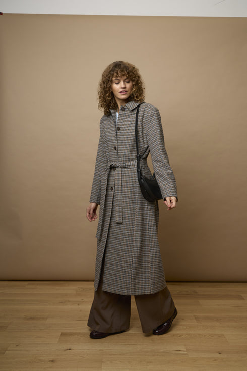 Fransa FQANTONETTE Belted Checked Midi Coat 20617971 - Tobacco Brown / Ice Water Check
