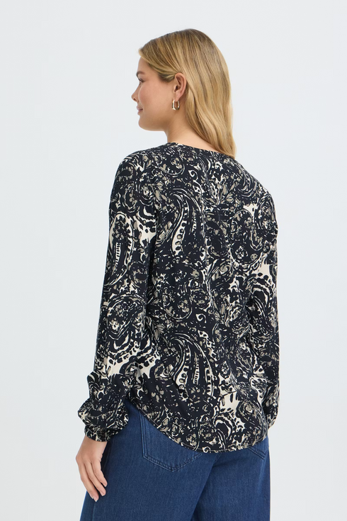 Fransa Womens Flowa V-Neck Blouse 20618003 - Ethnic Stencil Salute Blue