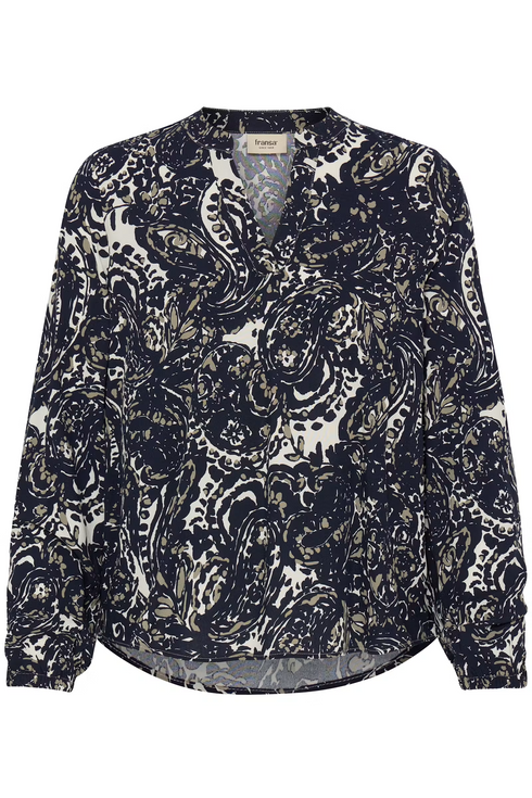 Fransa Womens Flowa V-Neck Blouse 20618003 - Ethnic Stencil Salute Blue