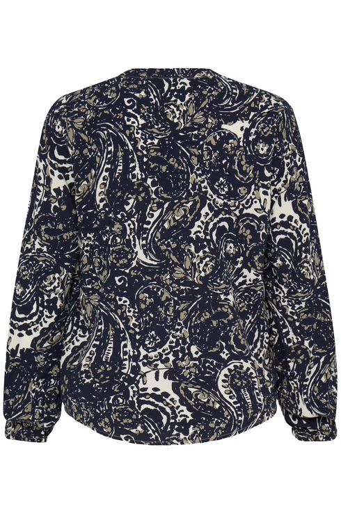 Fransa Womens Flowa V-Neck Blouse 20618003 - Ethnic Stencil Salute Blue