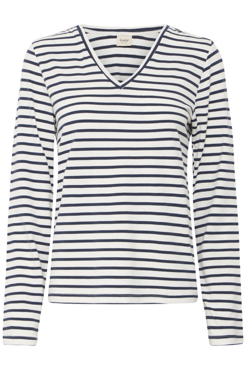 Fransa Womens Clea V-Neck Striped Long Sleeve Top 20618126 NVY - Navy Stripe