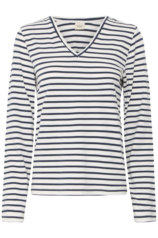 Fransa Womens Clea V-Neck Striped Long Sleeve Top 20618126 NVY - Navy Stripe