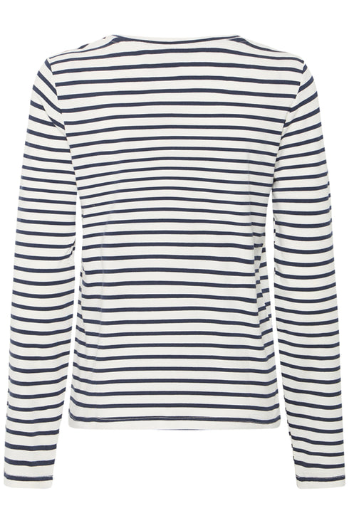 Fransa Womens Clea V-Neck Striped Long Sleeve Top 20618126 NVY - Navy Stripe