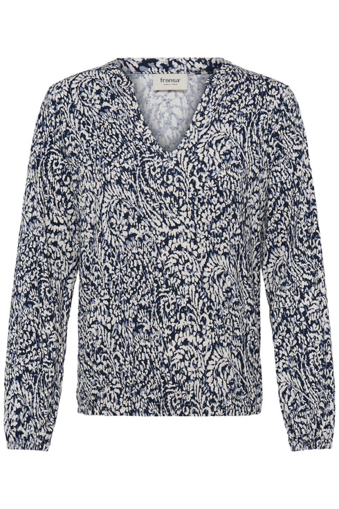 Fransa Womens Amy V-Neck Long Sleeve Blouse 20618225 ABS - Aura Bloom Salute / Blue