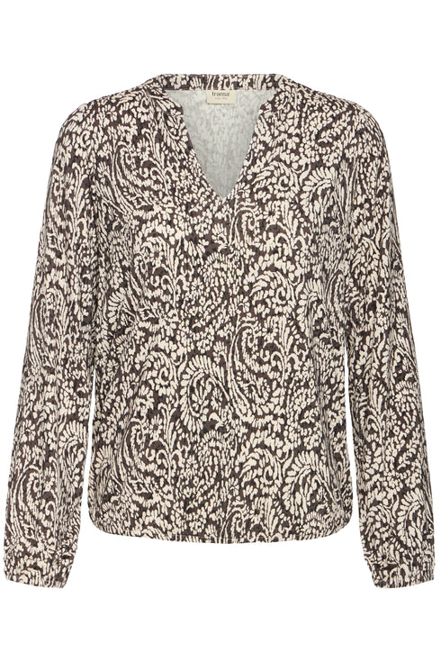 Fransa Womens Amy V-Neck Long Sleeve Blouse 20618225ABHF - Aura Bloom Hot Fudge / Brown