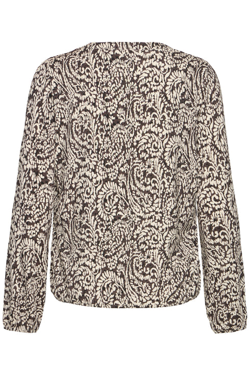 Fransa Womens Amy V-Neck Long Sleeve Blouse 20618225ABHF - Aura Bloom Hot Fudge / Brown