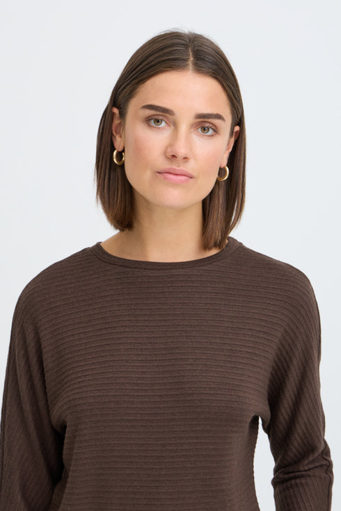 Fransa Womens Jalira 3/4 Sleeve Ribbed T-Shirt 20618236 HF - Hot Fudge Melange