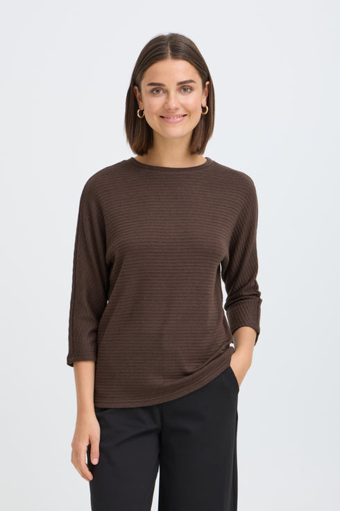 Fransa Womens Jalira 3/4 Sleeve Ribbed T-Shirt 20618236 HF - Hot Fudge Melange