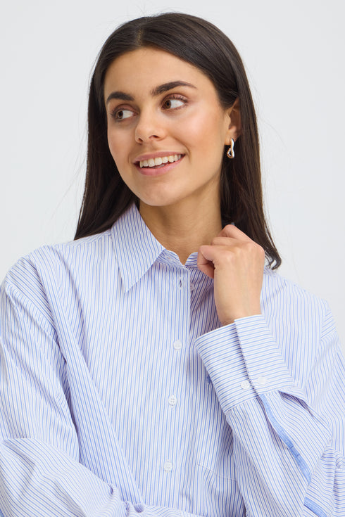 Fransa Womens Yara Cropped Shirt 20618263 - Blue Blizzard Stripe