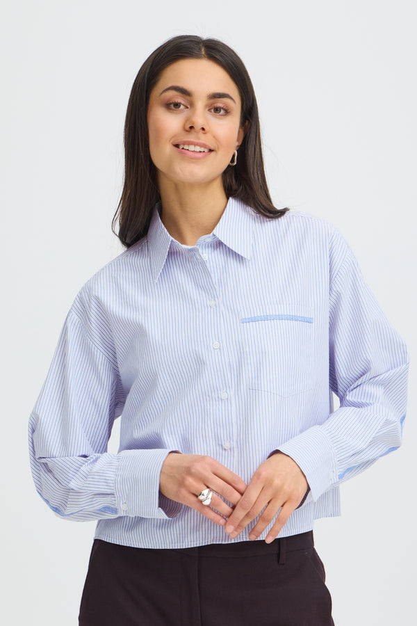 Fransa Womens Yara Cropped Shirt 20618263 - Blue Blizzard Stripe