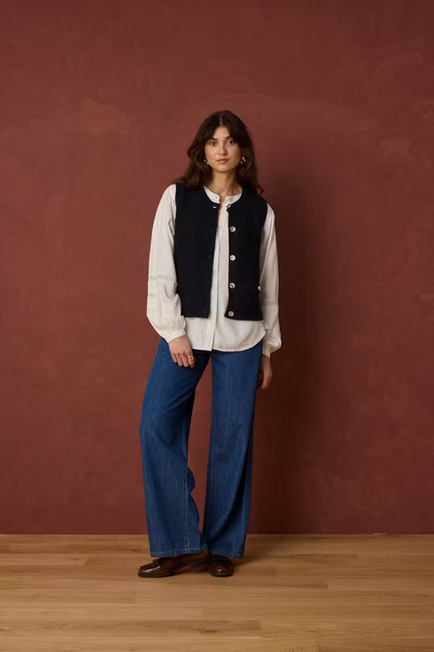 Fransa Womens Chavelly Textured Knit Waistcoat 20618337 - Dark Navy Blue