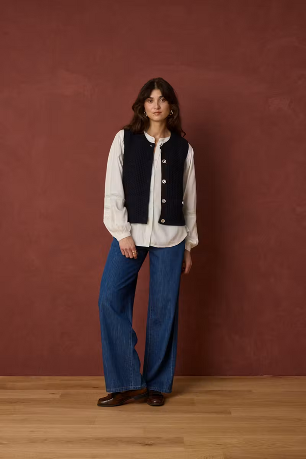 Fransa Womens Chavelly Textured Knit Waistcoat 20618337 - Dark Navy Blue