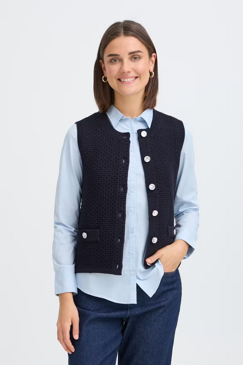 Fransa Womens Chavelly Textured Knit Waistcoat 20618337 - Dark Navy Blue