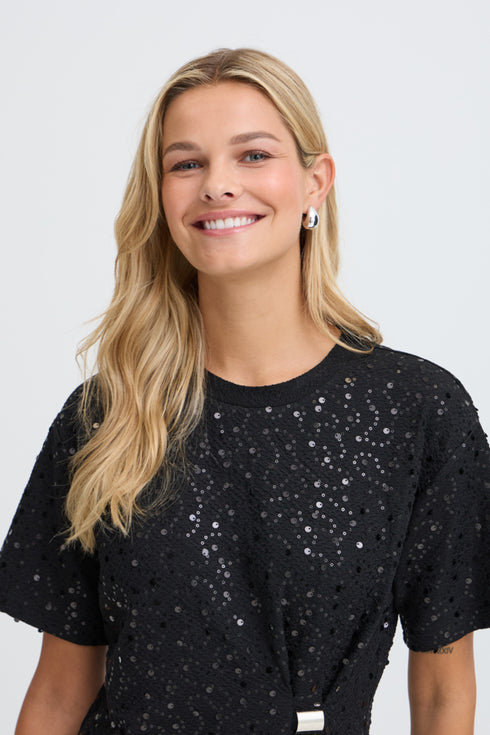 Fransa Zolana Short Sleeve Sequin Front Ruched Dress 20618467 MET - Meteorite Black