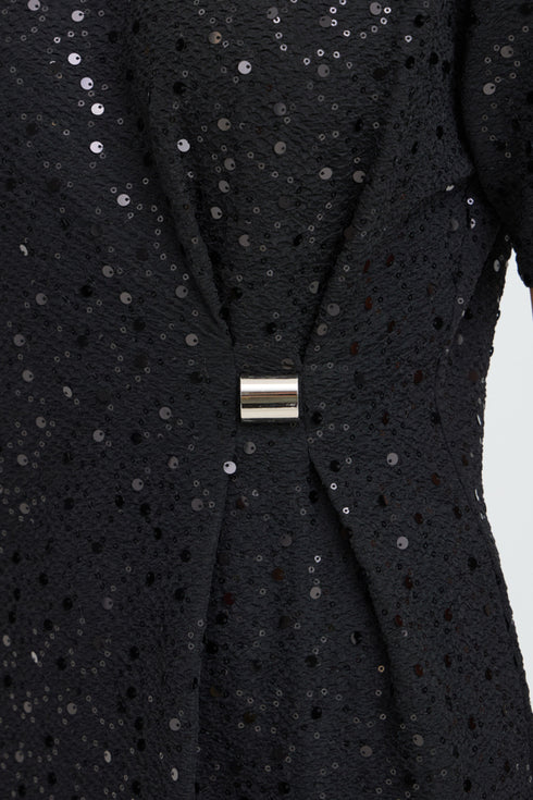 Fransa Zolana Short Sleeve Sequin Front Ruched Dress 20618467 MET - Meteorite Black