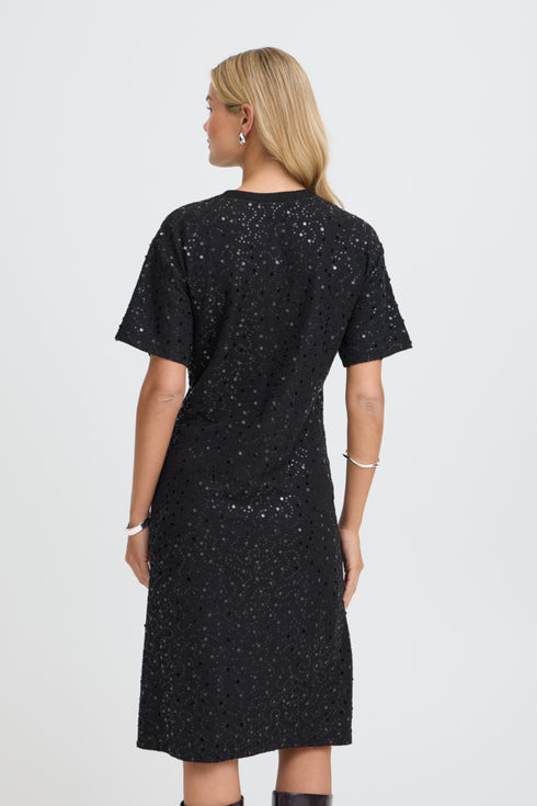 Fransa Zolana Short Sleeve Sequin Front Ruched Dress 20618467 MET - Meteorite Black