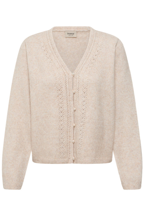 Fransa Relly Openwork Knit V-Neck Pearl Button Cardigan 20618472 OAT - Oatmeal Melange