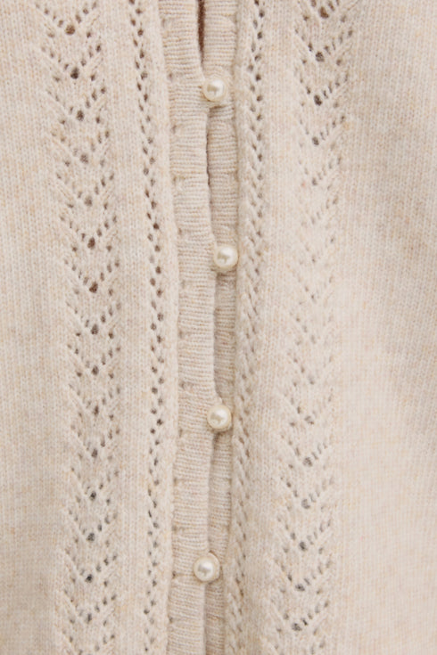 Fransa Relly Openwork Knit V-Neck Pearl Button Cardigan 20618472 OAT - Oatmeal Melange