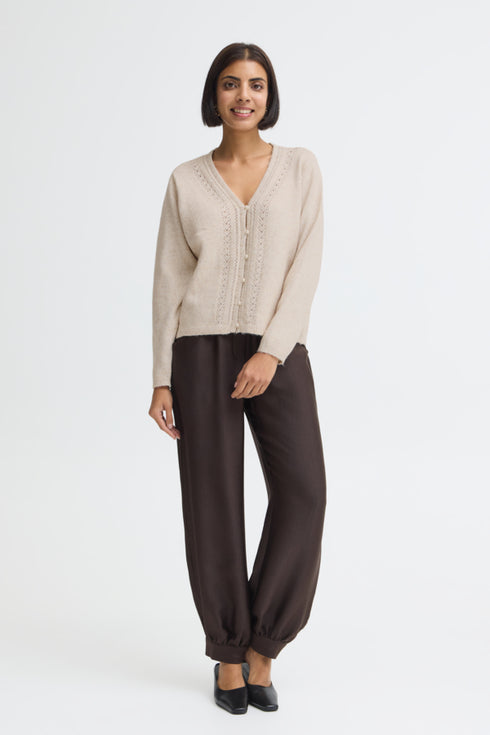 Fransa Relly Openwork Knit V-Neck Pearl Button Cardigan 20618472 OAT - Oatmeal Melange