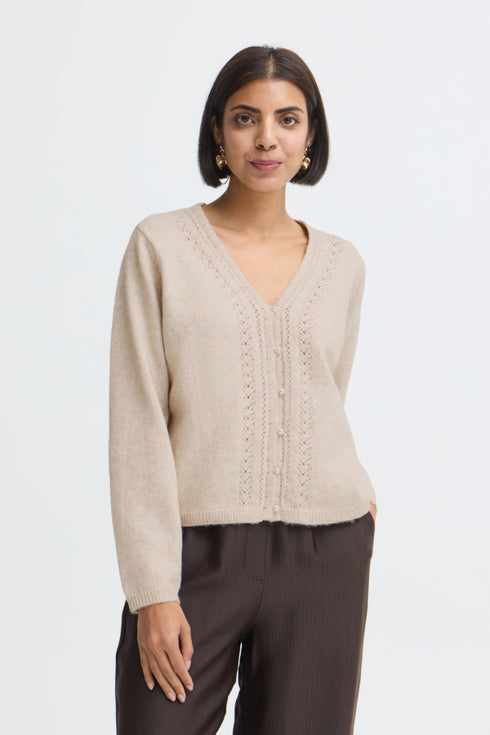 Fransa Relly Openwork Knit V-Neck Pearl Button Cardigan 20618472 OAT - Oatmeal Melange