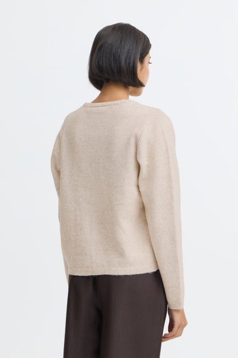 Fransa Relly Openwork Knit V-Neck Pearl Button Cardigan 20618472 OAT - Oatmeal Melange
