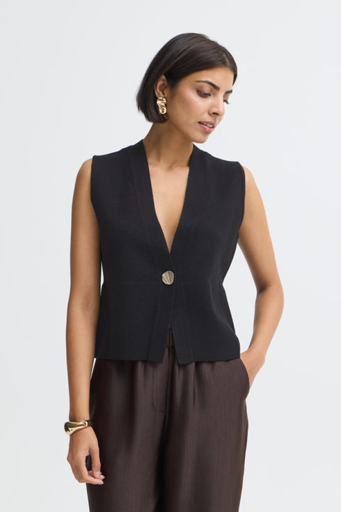 Fransa Sally Sleeveless V-Neck Knitted Waistcoat 20618485 MET - Meteorite Black