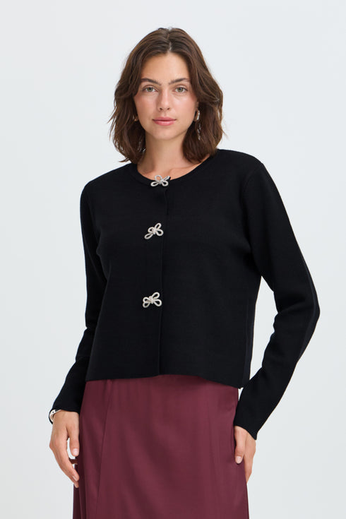 Fransa Sally Bow Clasp Detail Cropped Cardigan 20618487 MET - Meteorite Black