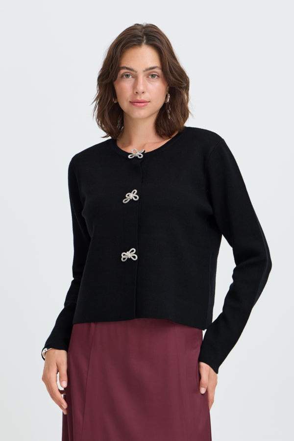 Fransa Sally Bow Clasp Detail Cropped Cardigan 20618487 MET - Meteorite Black
